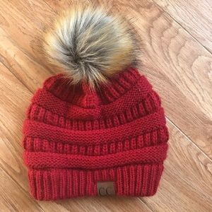 Red CC Beanie with Fur Pom